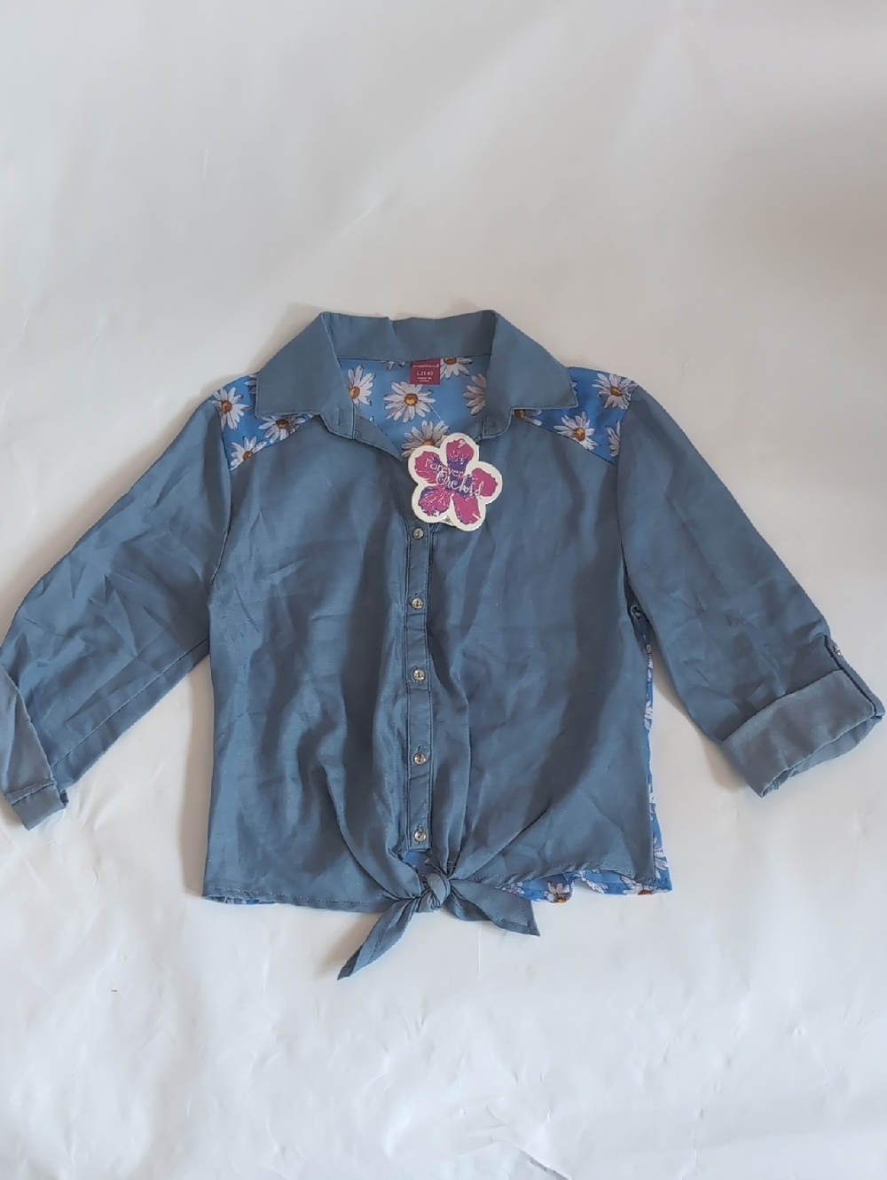 Girls' Blue Tie-Front Button Down Shirt with Daisy Floral Back - L